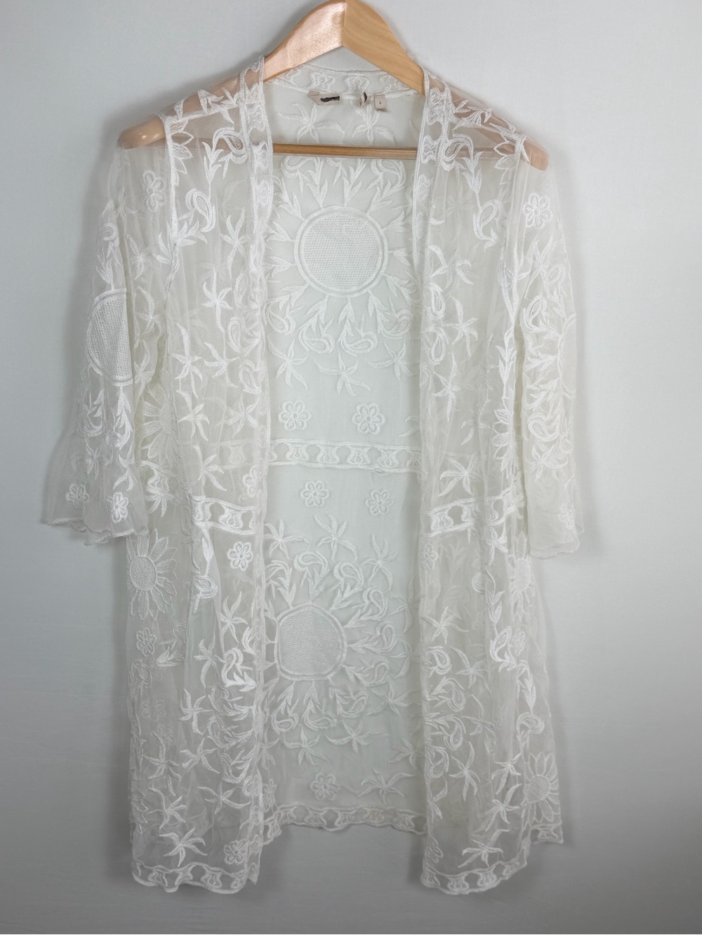 Soft Surroundings Sheer Embroidered Kimono Cardigan White Floral Mesh Large